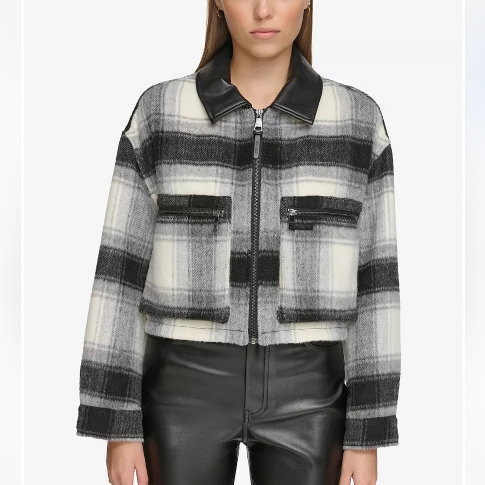 NEW DKNY JEANS Women's Faux-Leather-Trim Cropped Plaid Jacket Size XL.